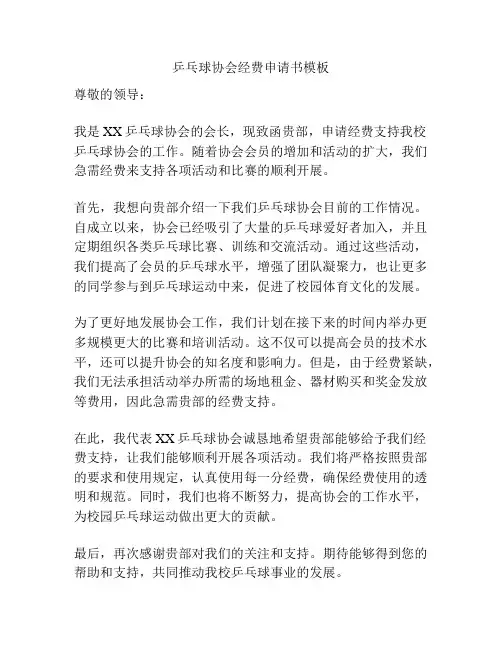 乒乓球协会经费申请书模板