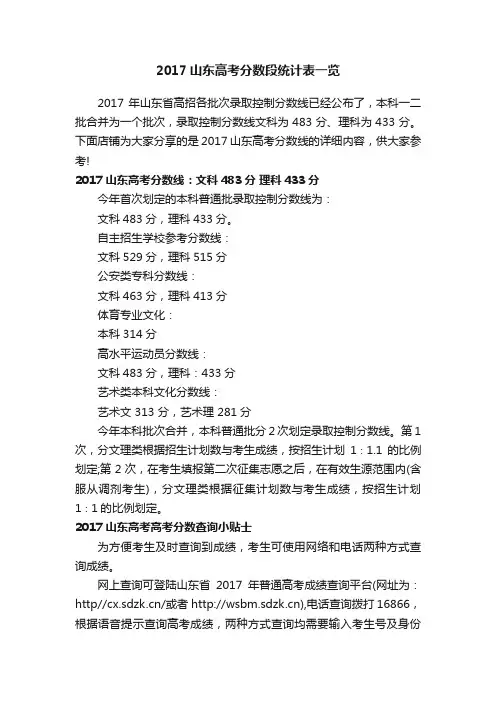 2017山东高考分数段统计表一览