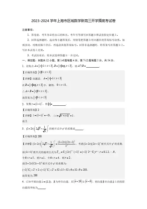 2023-2024学年上海市区域数学新高三开学摸底考试卷(含解析)