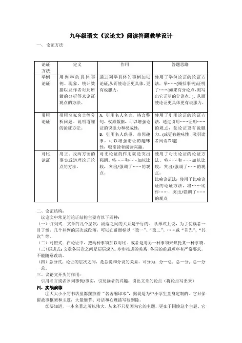 九年级语文《议论文》阅读答题教学设计