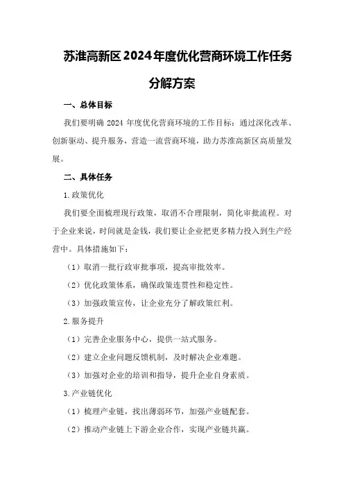 苏淮高新区2024年度优化营商环境工作任务分解方案