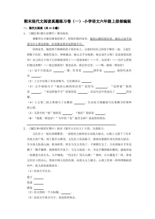 人教部编版语文六年级上册期末现代文阅读真题练习卷(一)(试题)
