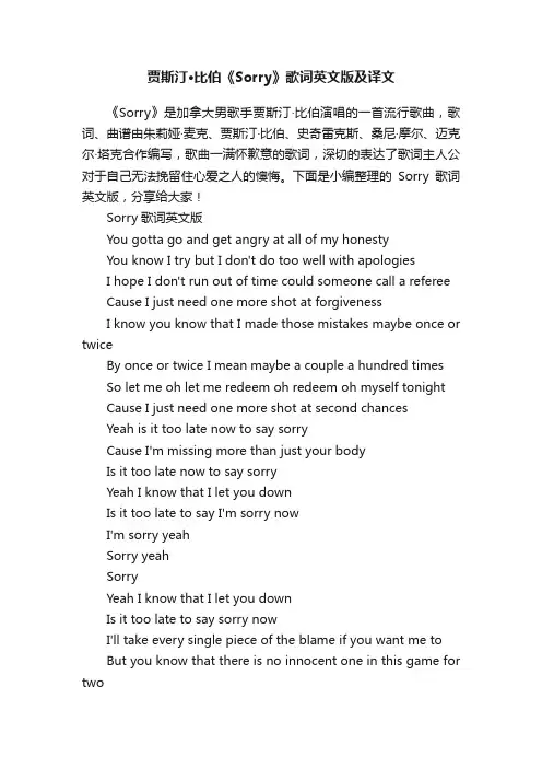 贾斯汀·比伯《Sorry》歌词英文版及译文