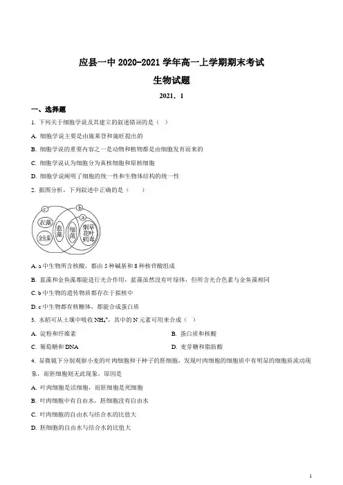 山西省朔州市应县一中2020-2021学年高一上学期期末考试生物试题 含答案