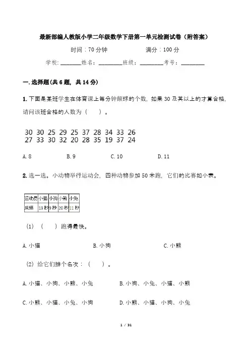 最新部编人教版小学二年级数学下册第1--4单元检测试卷(附答案)