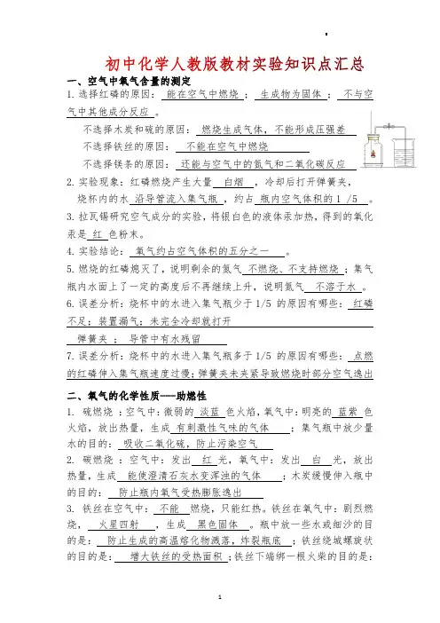 初中化学人教版教材实验知识点汇总