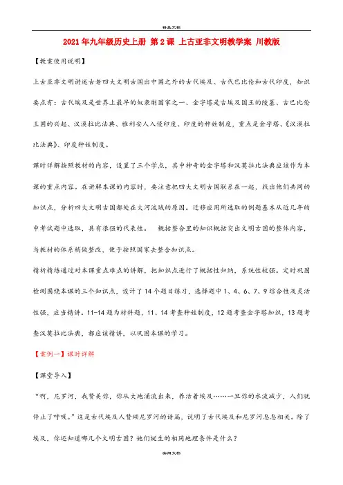 2021年九年级历史上册 第课 上古亚非文明教学案 川教版