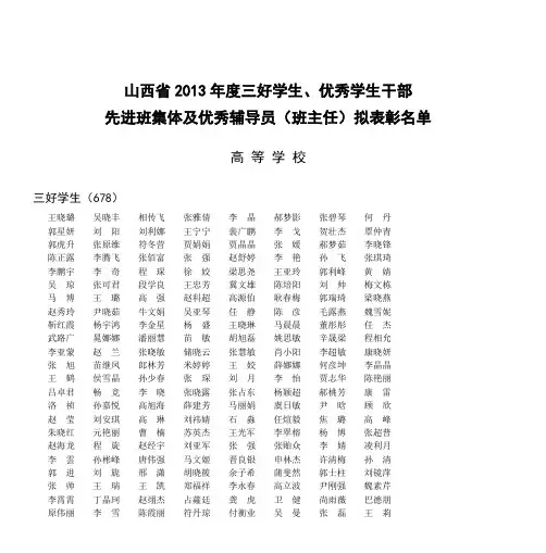 山西省2013年度三好学生、优秀学生干部