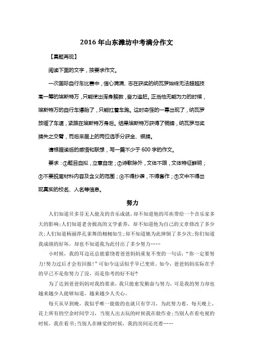 2016年山东潍坊中考满分作文《努力》4