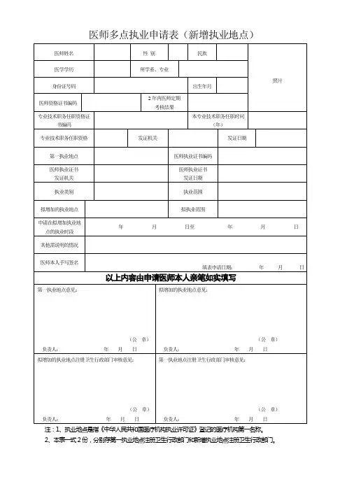 医师多点执业申请表(新增执业地点)