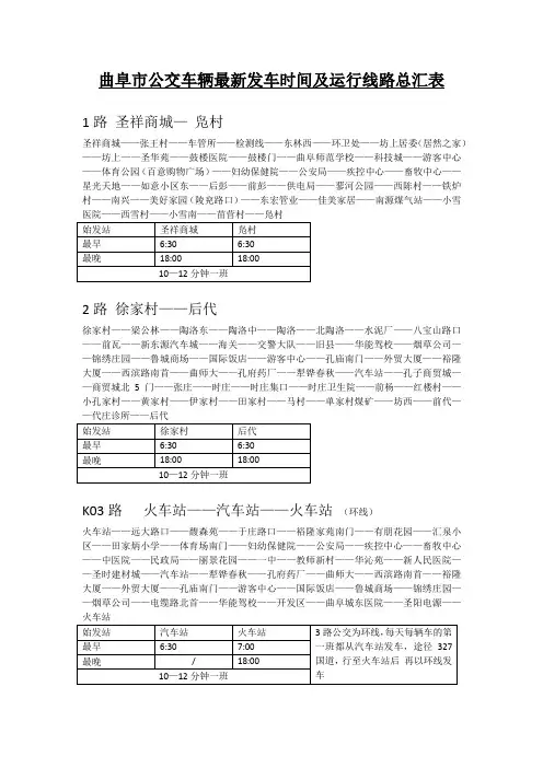曲阜市公交车辆线路及发车时间汇总表