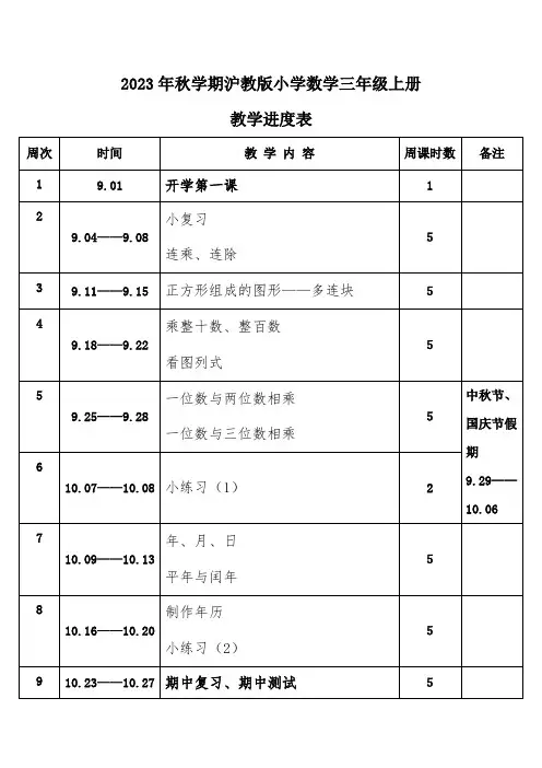 2023年秋学期沪教版小学数学三年级上册教学进度表