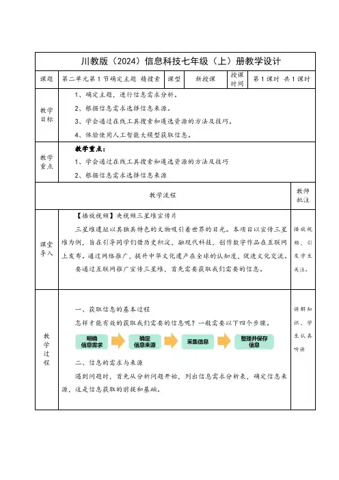 川教版(2024)七年级上册信息科技 2.1 确定主题 精搜索 教案