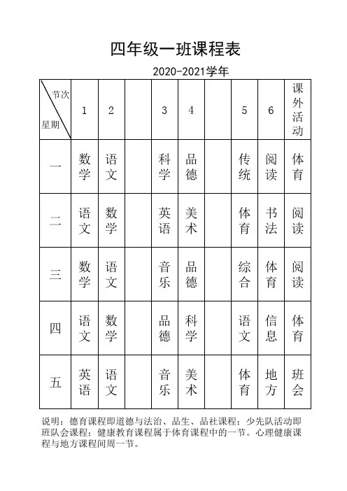小学四年级各班级课程表