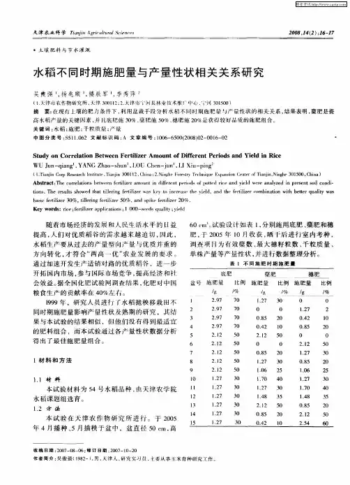 水稻不同时期施肥量与产量性状相关关系研究