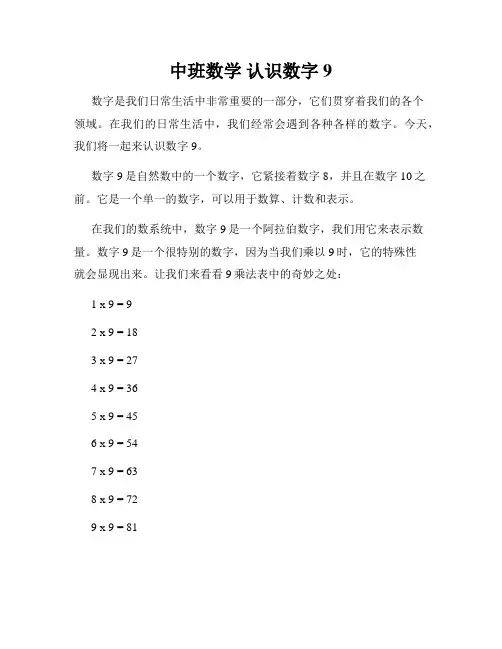 中班数学 认识数字9