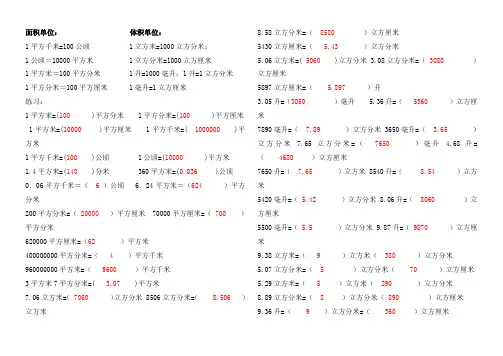 面积与体积单位的换算试题带答案