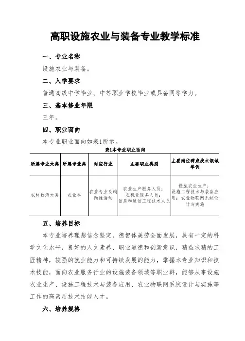 高职设施农业与装备专业教学标准