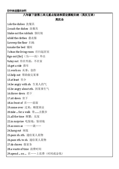 初中英语精品资料八年级下册第三单元重点短语和固定搭配归纳(英汉互译)