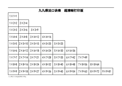 九九乘法口诀表(超清晰打印版)