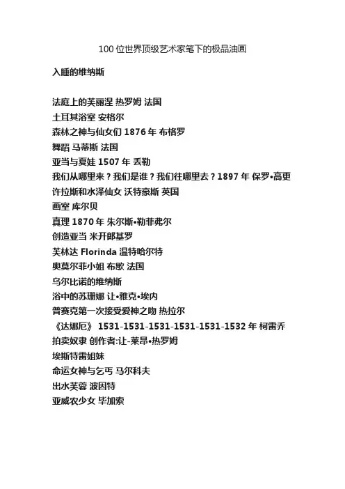 100位世界顶级艺术家笔下的极品油画