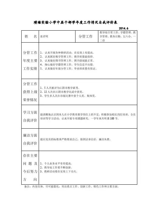 璜塘实验小学中层干部学年度工作情况自我评价表.doc
