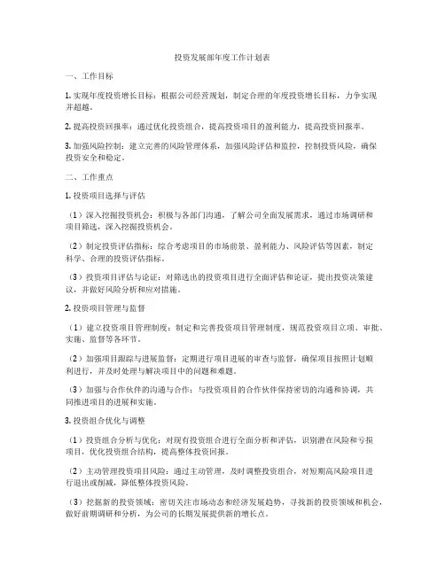 投资发展部年度工作计划表