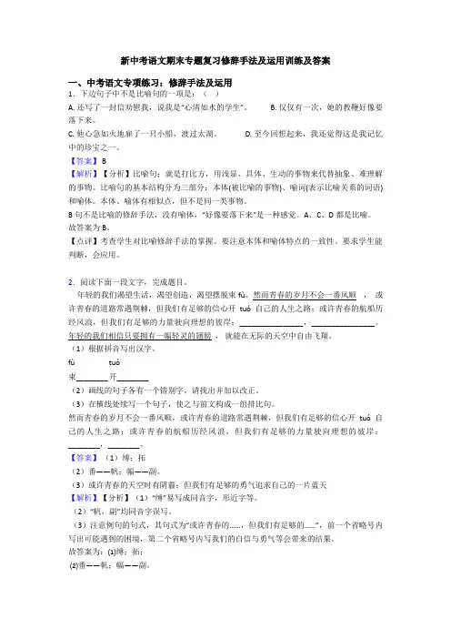 新中考语文期末专题复习修辞手法及运用训练及答案