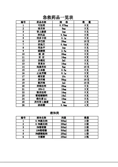 抢救药品一览表