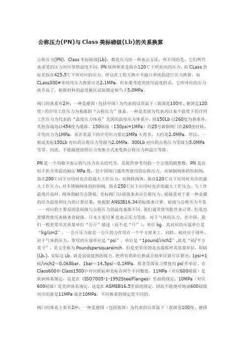 公称压力PN与Class美标磅级Lb的关系换算