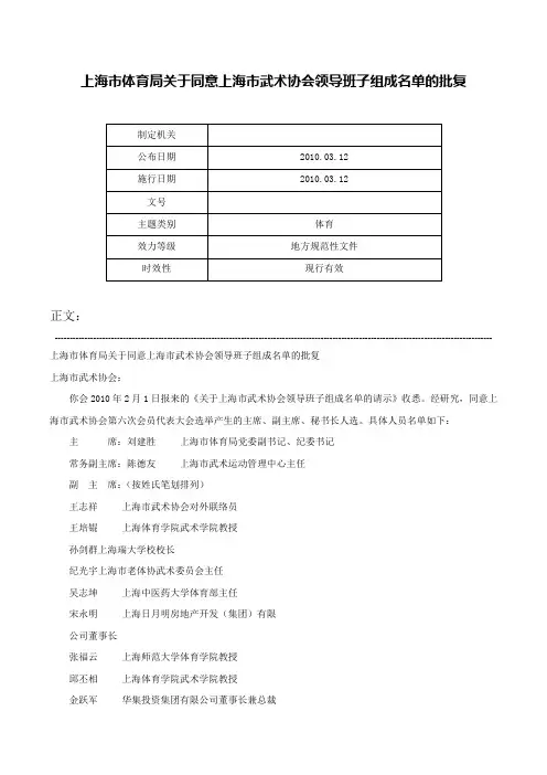 上海市体育局关于同意上海市武术协会领导班子组成名单的批复-