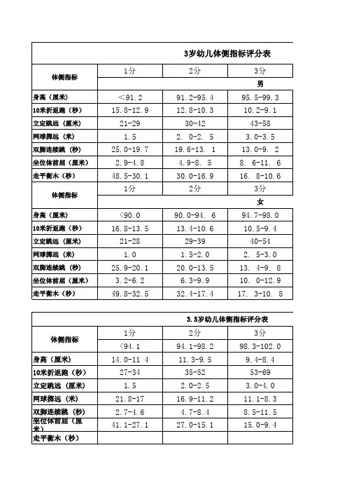 3-6岁幼儿体侧指标评分表