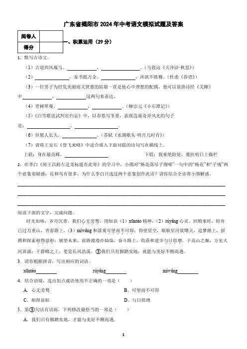 广东省揭阳市2024年中考语文模拟试题及答案7