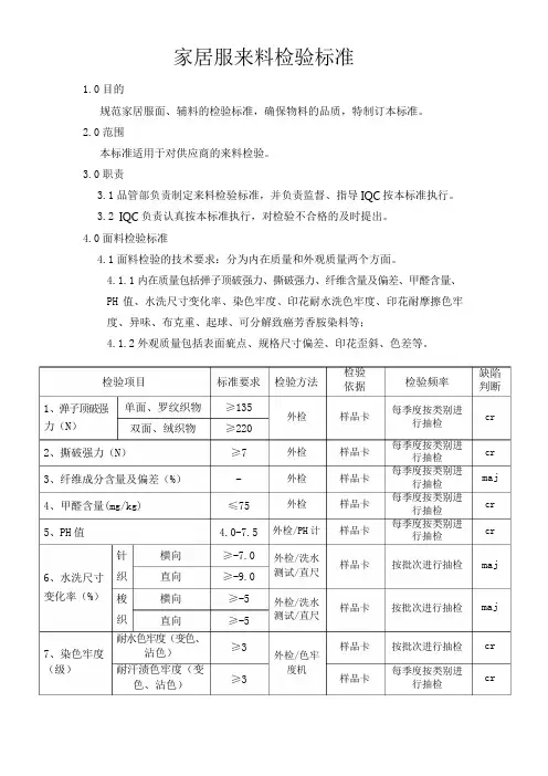 家居服来料检验标准
