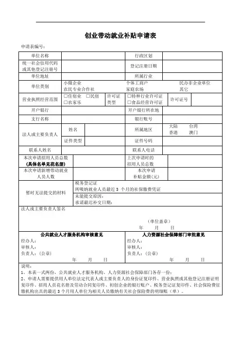 创业带动就业补贴申请表(模板)