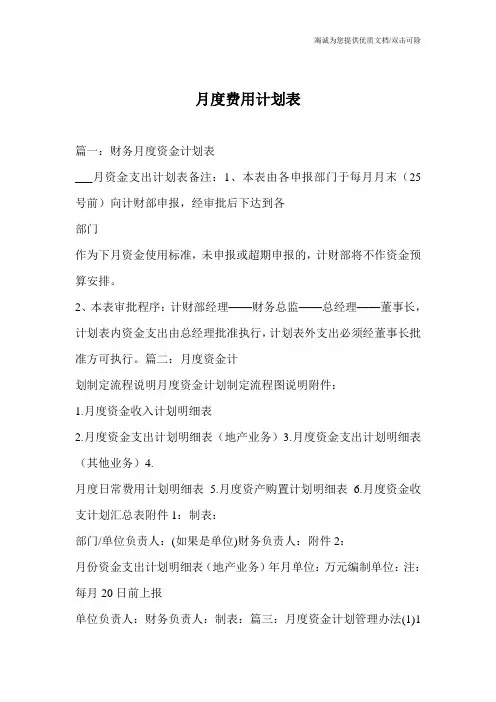 月度费用计划表