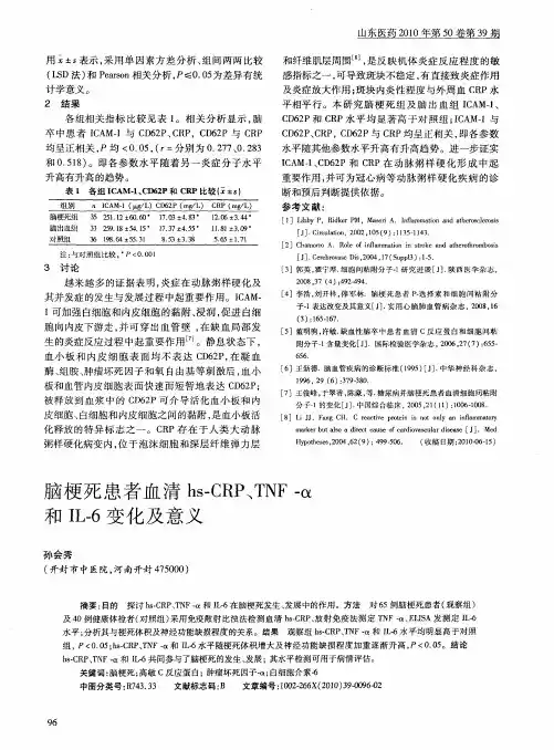 脑梗死患者血清hs-CRP、TNF-α和IL-6变化及意义