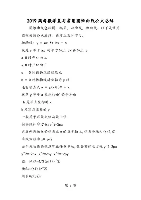 高考数学复习常用圆锥曲线公式总结
