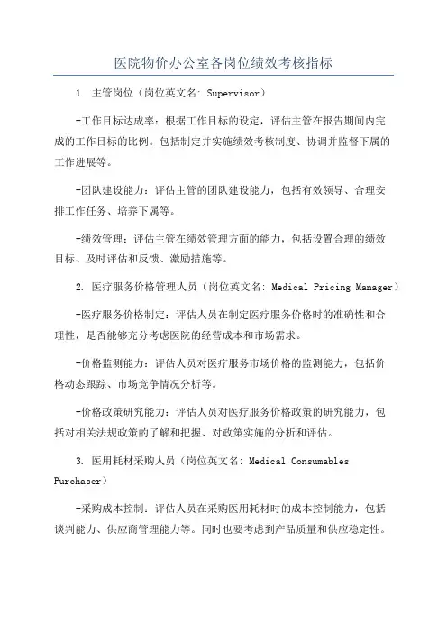 医院物价办公室各岗位绩效考核指标