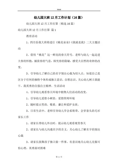 幼儿园大班12月工作计划(16篇)