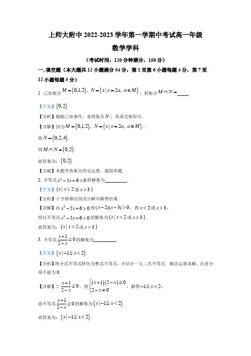2022-2023学年上海师范大学附属中学高一上学期期中考试数学试卷带讲解