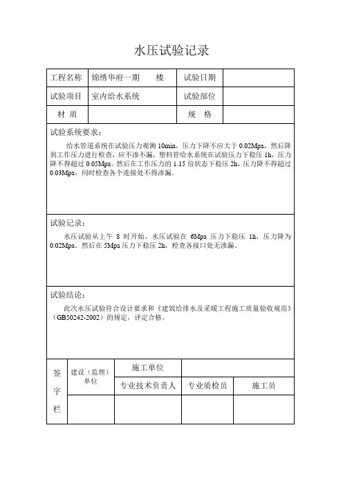 水压试验记录