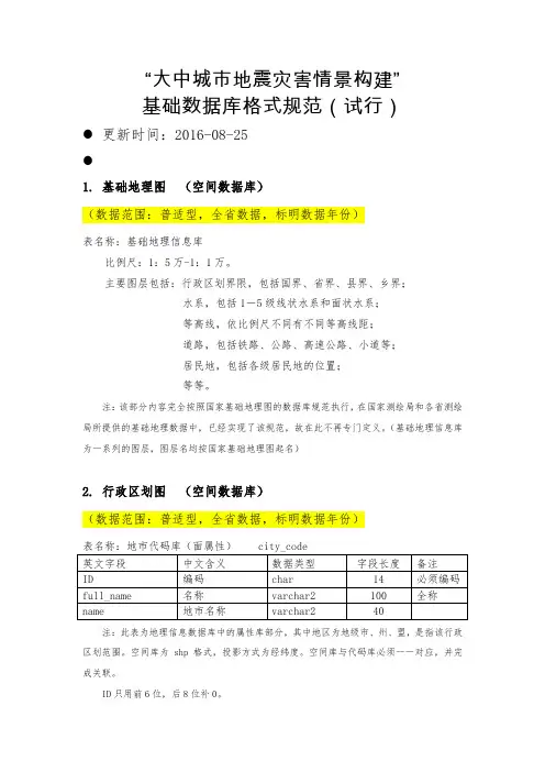 “大中城市地震灾害情景构建”基础数据库格式规范
