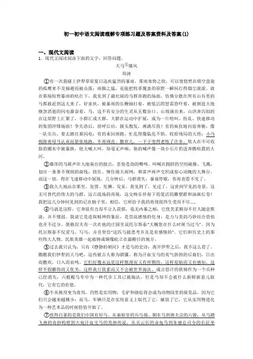 初一初中语文阅读理解专项练习题及答案资料及答案(1)