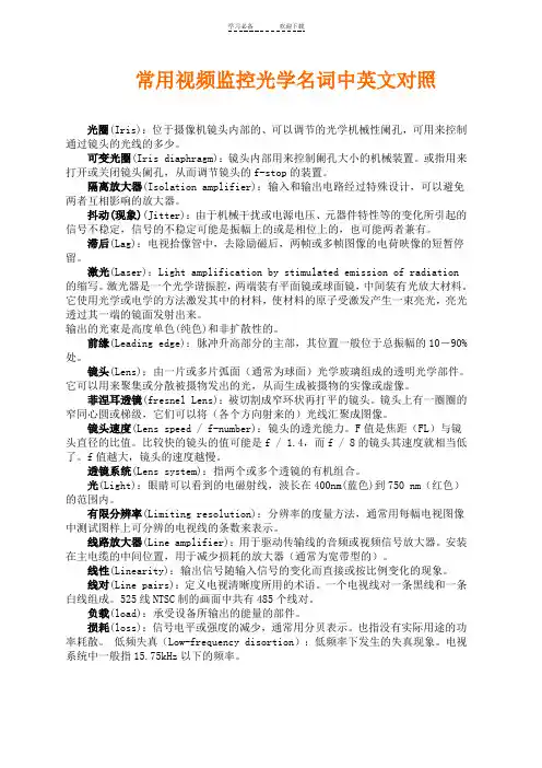 常用视频监控光学名词中英文对照