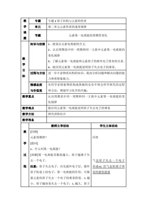 苏教版高中化学选修三2.2《元素第一电离能的周期性变化》参考教案