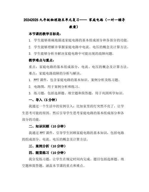 2024-2025九年级物理期末单元复习——家庭电路(一对一辅导教案)