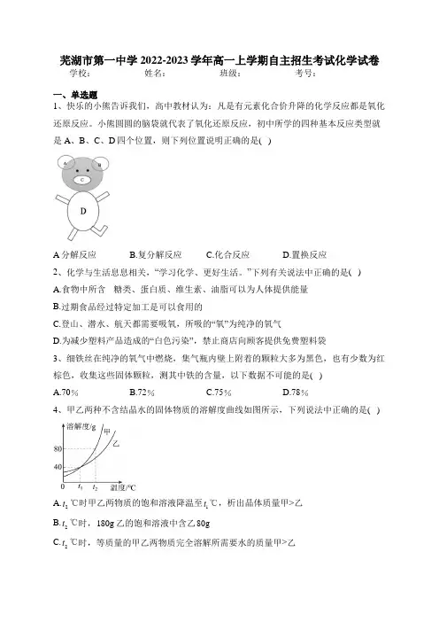 芜湖市第一中学2022-2023学年高一上学期自主招生考试化学试卷(含答案)