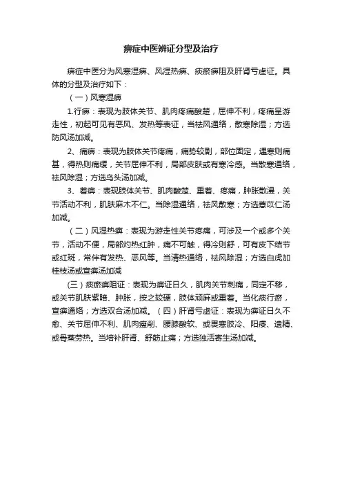 痹症中医辨证分型及治疗