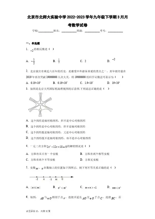 北京市北师大实验中学2022-2023学年九年级下学期3月月考数学试卷